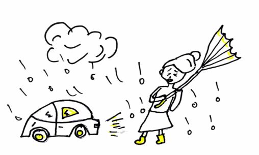 Girl standing in Stormy weather with broken umbrella and a car .