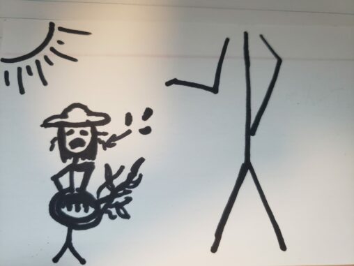 I have a sun drawn in the upper left hand corner and underneath it is a small stick figure child (me) wearing a bucket/ sunhat style hybrid (it was my favourite) with a little bit of hair sticking out, and crying. Stick figure me is holding the sides of her stomach which has a watermelon in it and some vines growing out. Some seeds and an arrow depict that I had swallowed the seeds. To my right, an adult stands in a "well, you know" gesture, but they are too tall to see their face due to the height difference (and also I don't remember any of their defining characteristics)