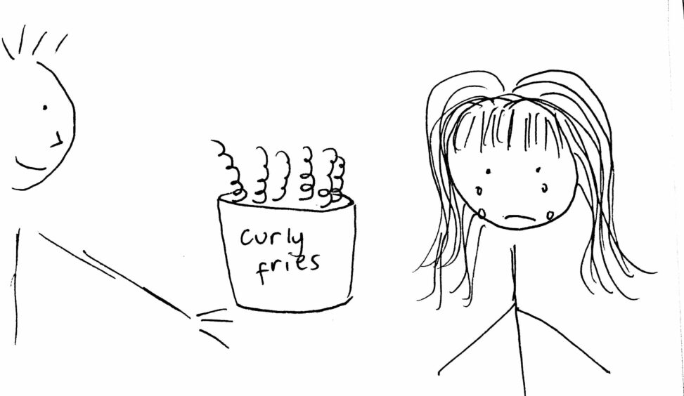A person handing somebody else who is crying, a container of curly fries