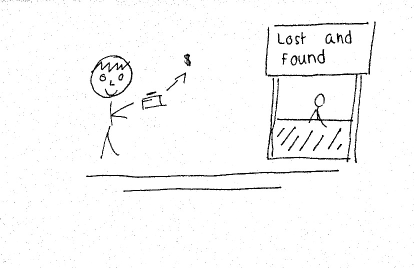 stick figure person turning in a found wallet.