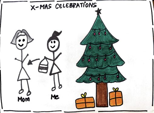 One stick person giving the other stick person a gift from her first salary.