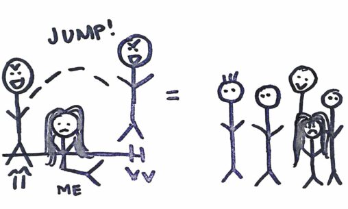 To the left of the image, a person is sitting on the ground and somebody jumps over that person. To the right, it is a short person surrounded by tall peopl.