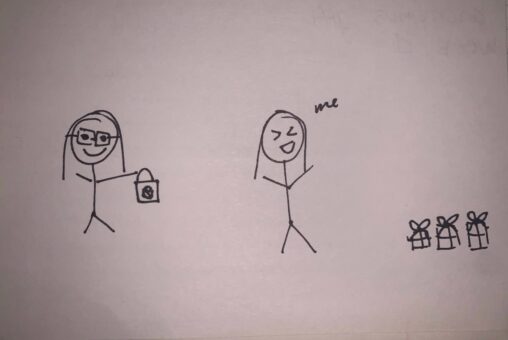 Stick figure person with glasses holding a gift and another stick figure person laughing