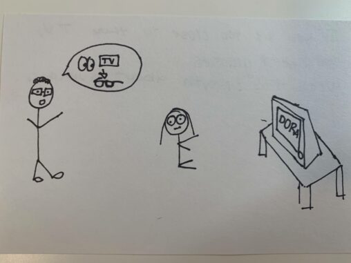 one stick figure watching tv and another stick figure person telling her the myth.
