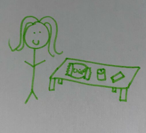 Stick figure is looking at the snacks provided on the table