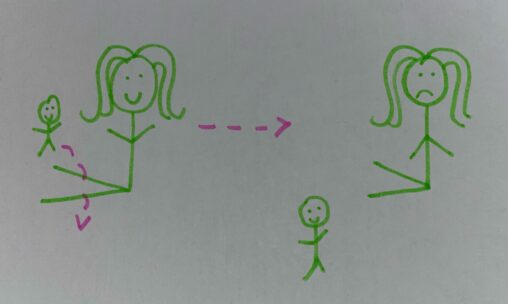 A stick figure is sitting down with their legs straight out while another stick figure is jumping over their legs.