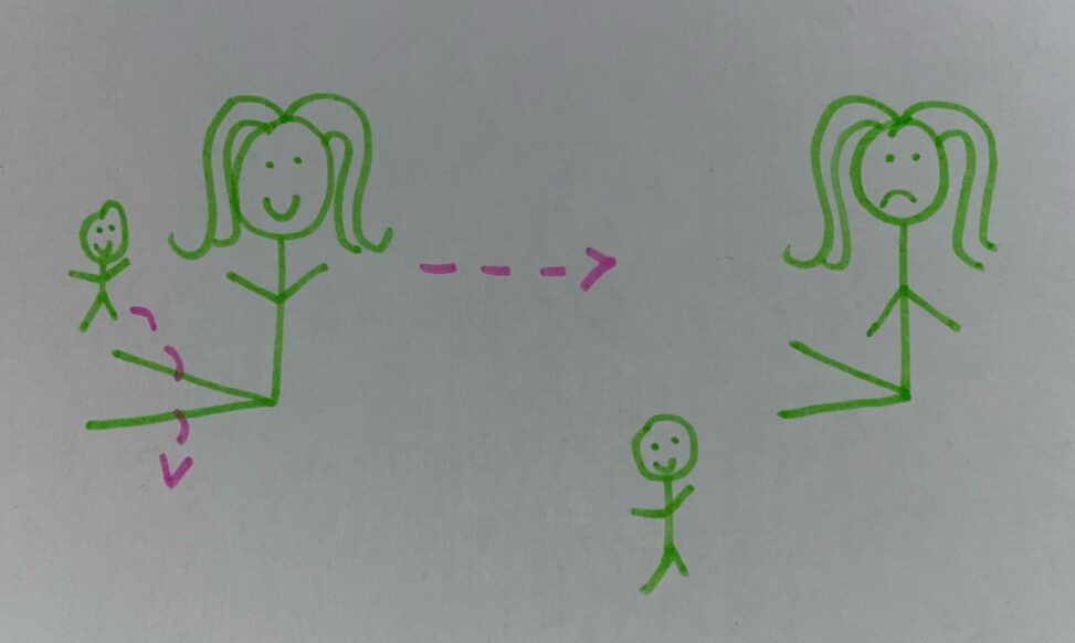 A stick figure is sitting down with their legs straight out while another stick figure is jumping over their legs.