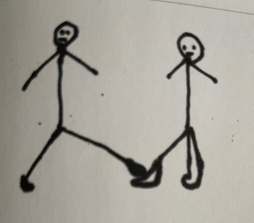 On this picture you can see a person who is stepping on other person\'s foot.