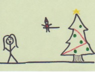 Stick figure with long hair and a shocked facial expression, shelf with a tiny elf sitting on it (elf on the shelf), a decorated Christmas tree on the right
