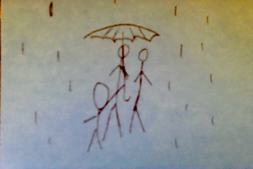 A much shorter stick figure is holding their umbrella up to protect two much taller stick figures from the rain.
