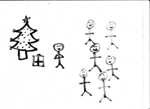 stick people looking at surprised stick person reacting to Christmas gift
