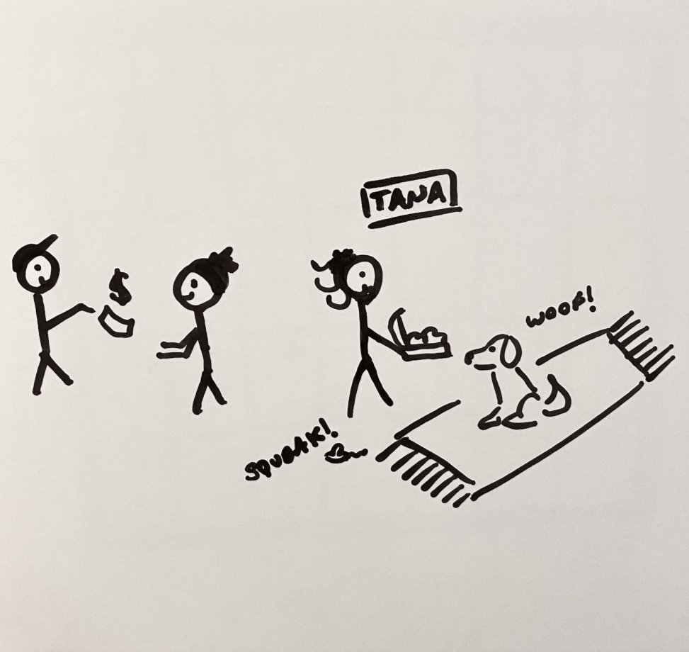 A houseless stick figure in a toque asks another stick figure in a cap for change. The figure in a cap happily offers it. Behind them, a stick figure named Tana leaves a hot meal on the houseless figure\'s mat next to her pet dog and rat.