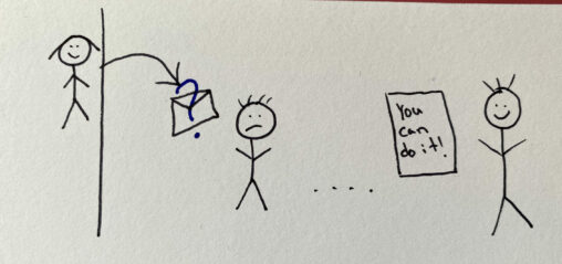 A stick figure sends an anonymous letter to another, which brings a smile to their face