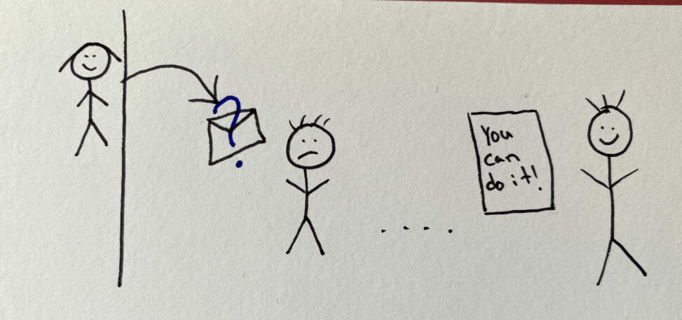 A stick figure sends an anonymous letter to another, which brings a smile to their face