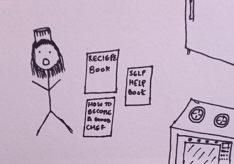 stick figure person standing in the kitchen was gifted self help books for becoming a chef.