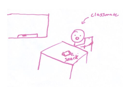person sitting at desk with a surprised face because theres snacks on their desk