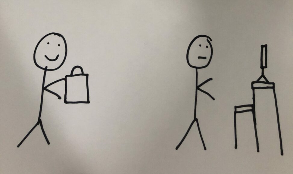 Stick figure giving bag to other stick figure while they were not looking