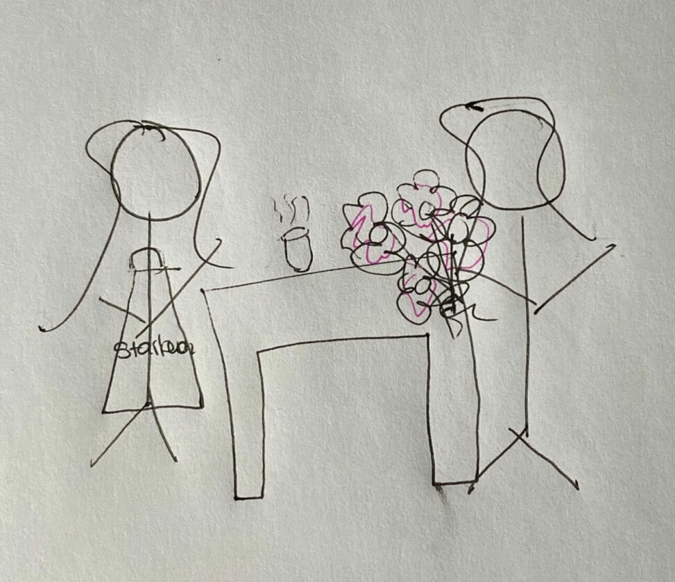 This comic is a representation of when I was at work and a lady who I had helped earlier in the day bought me flowers because she said I was very helpful and polite.