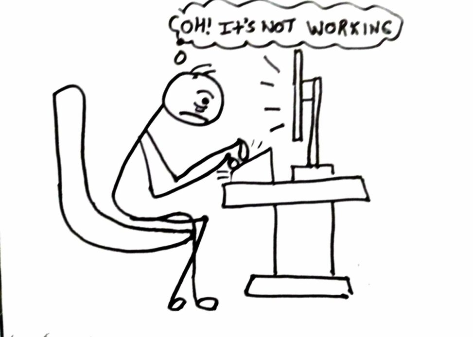 Stick figure sitting on chair, using computer and looking worried