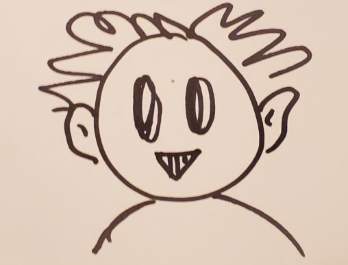 person with crazy hair, long eyes, and a scary grin