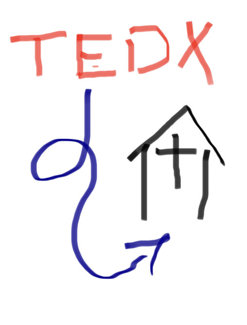 The TEDx logo and a path leading to a church.