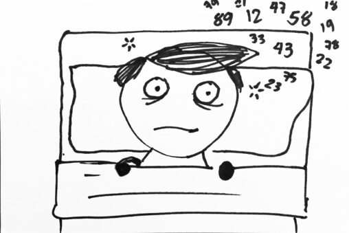 A man lays in bed with insomnia thinking about numbers.