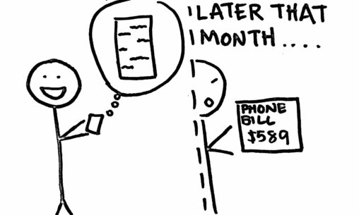 A person on the left holding a phone showing text messages. Then on the left, later that month, the person is holding a phone bill, that says $589.