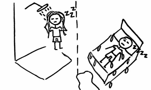On the left, I am taking a shower while sleeping. Then, on the right, it is me asleep in bed while dripping in water.