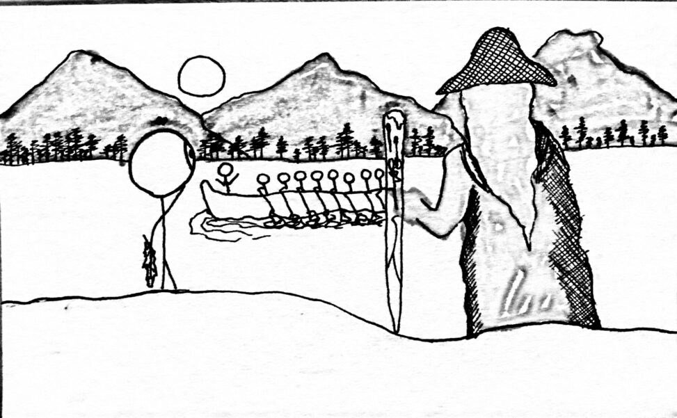 Two people standing next to each other looking at an Indigenous canoe flowing down a body of water with people inside. There are trees and mountains around them.