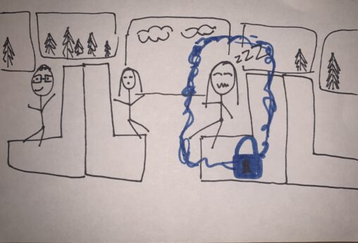 stick figures sitting in train, with one girl experiencing sleep paralysis