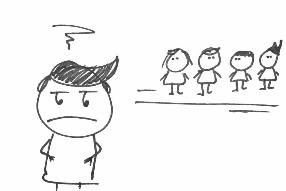 A frustrated man stands in front of a long line of people.