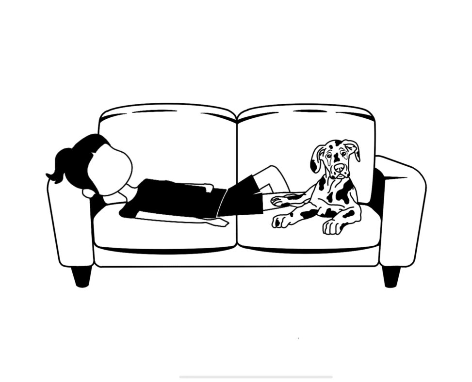 In this drawing, there is a girl sleep on a couch next to her dog.