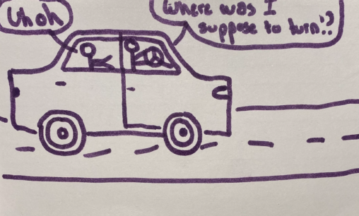 In this stick figure scene, a father is driving and his son is in the back seat of the car.