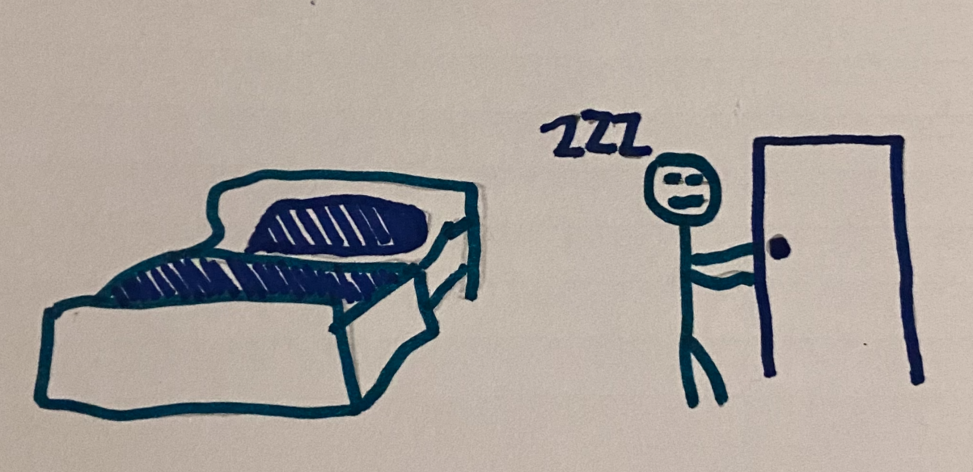 Stick figure getting out of bed to attempt to open a door whilst asleep