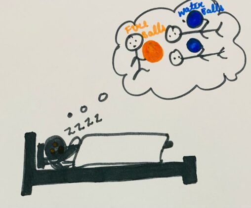 Here the stick figure is sleeping and dreaming about the superstitious power