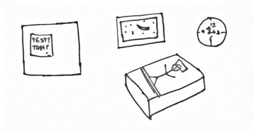 stick figure person lying on the bed a night before exam.