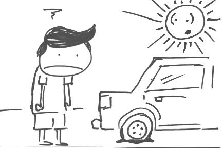 A frustrated man stands in front of a car with a flat tire. The sun is looking at him with a surprised face.