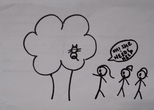 The comic shows a cat on a tree and three stick figures staring at the cat.