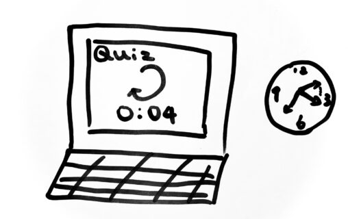 A laptop screen shows the word “Quiz”, a loading icon and a countdown time “0:04”. On the right, a clock is ticking.