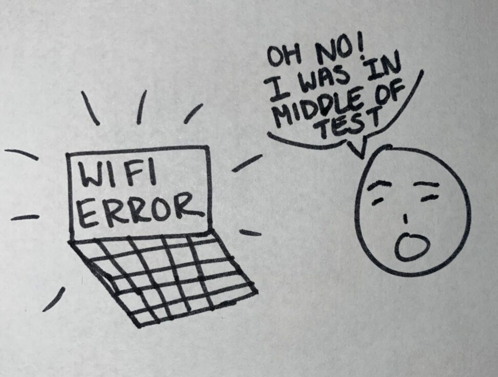 Stick figure freaking out as his laptop shut down in the middle of a test due to wifi error.