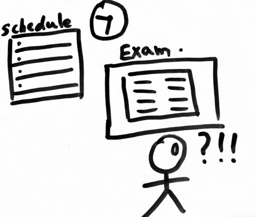 There is an exam schedule, a clock and figure facing the exam paper on the desk. On the back of the figure’s head, there are a drop sweat, a question mark and two exclamation marks.
