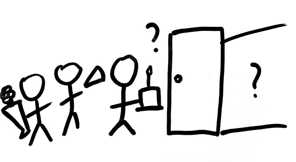Outside the door, there are a question mark, a figure holding a flower, a figure holding a party horn and a figure holding a cake with a lighted candle. Inside the door, there is a question mark.