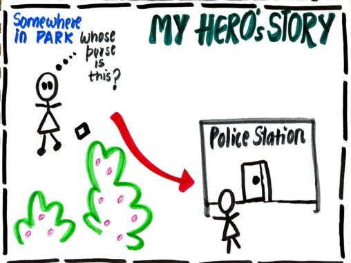 A stick figure somewhere in a park found a purse and then there’s another scene of same stick figure in front of the police station.