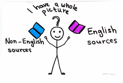 A happy stick figure, with English and Non-English books on his both sides.