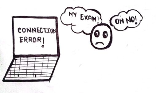 A stick figure feeling sad and helpless because of technology fail during an online exam.