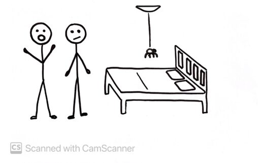 A stick figure is in the horror of giant spider hanging over the bed, but another figure doesn\'t see anything.