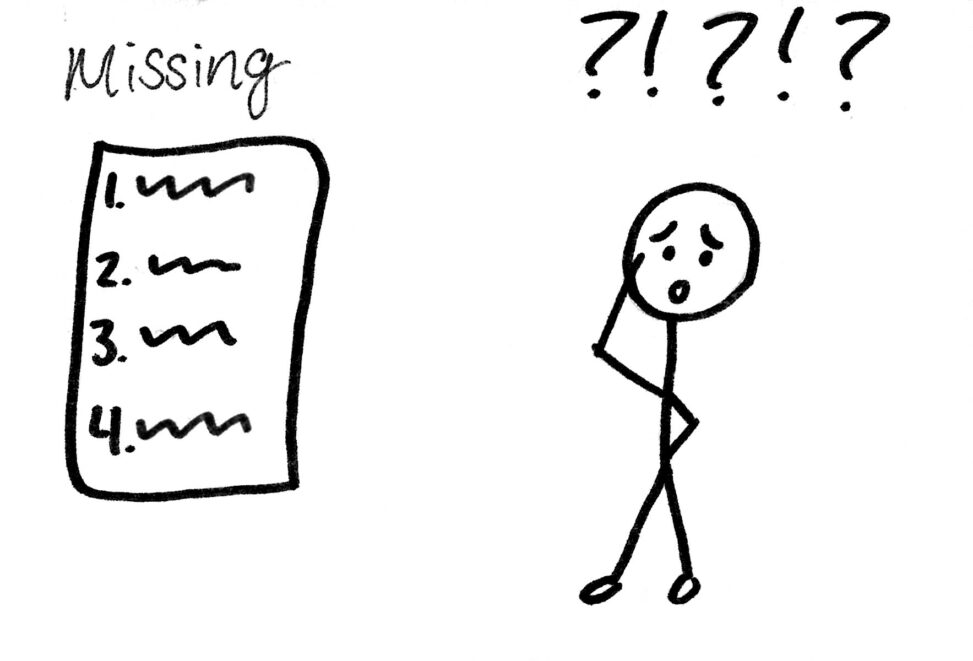 Right: Stick figure stressed out. Left: There is a piece of paper and above it, it says “Missing”.