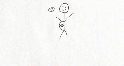 A stick figure and inside the stomach there is a lemon and on the right side beside him is a lemon as well