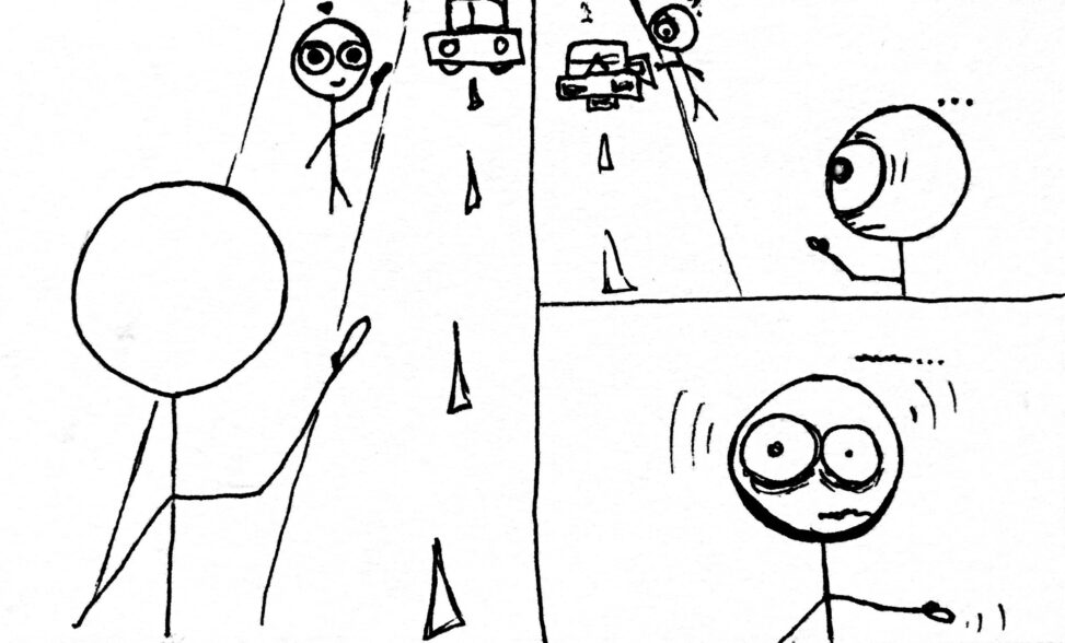 Person standing on a street waving at another person, other person reciprocates the wave. A car then pulls up to the first person who opens the door. Last frame on second person who looks very embraced and confused.