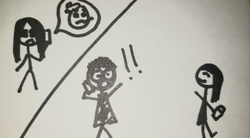 Stick figure with dark eyes on the phone, sick emoji in a speech bubble, person also on phone with wide eyes and mouth, third person smiling and waving.